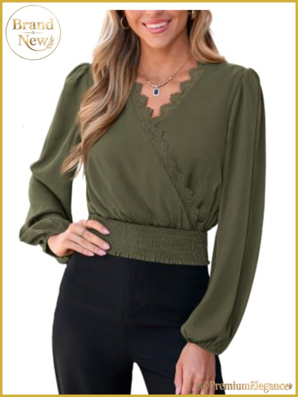 V-Neck Long Sleeve Wrap Blouse Lace Trim Smocked Waist Business Casual Top